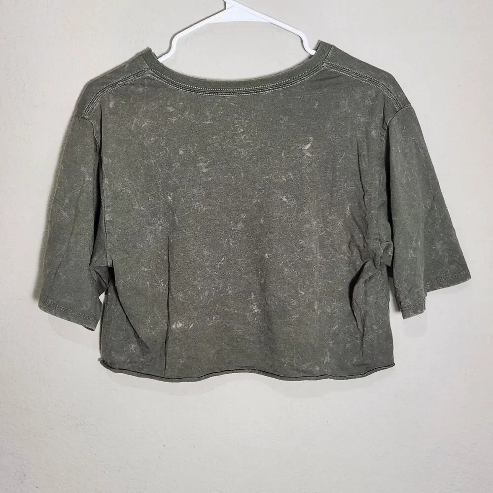 Poison Skull Rose Graphic Crop Top Tee Acid Wash Olive Green XS Rock Band Shirt